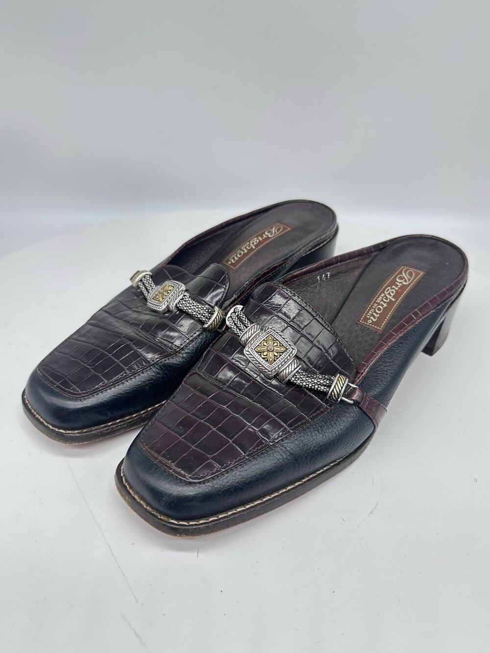 Brighton Sierra Two Tone Black and Brown Croc Embossed Leather Mule 6.5
